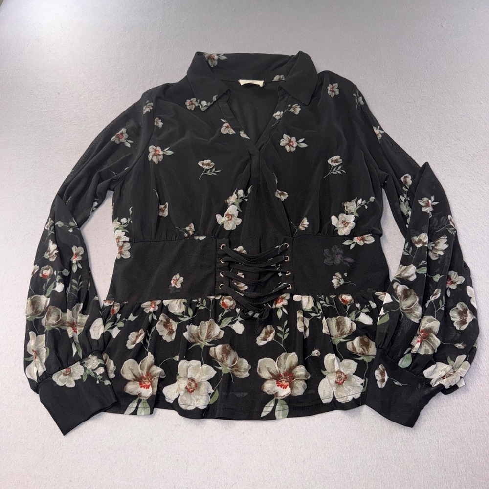 Ember Floral Peplum Blouse Womens XL Black Lace Up Corset Waist Long Sleeve